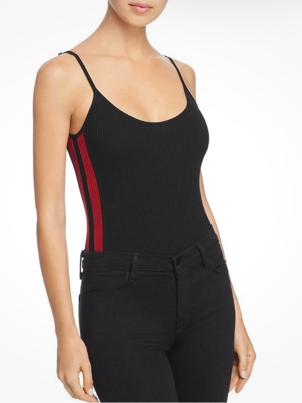 Honey Punch Women’s Black Track Stipe Ribbed Knit Bodysuit Size S